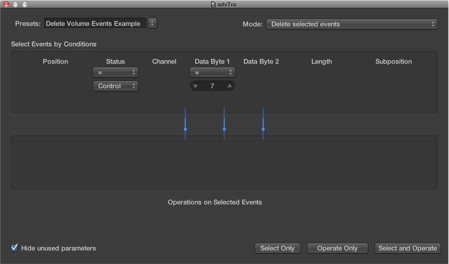 Figure. Transform window showing settings to delete volume events from a MIDI region.