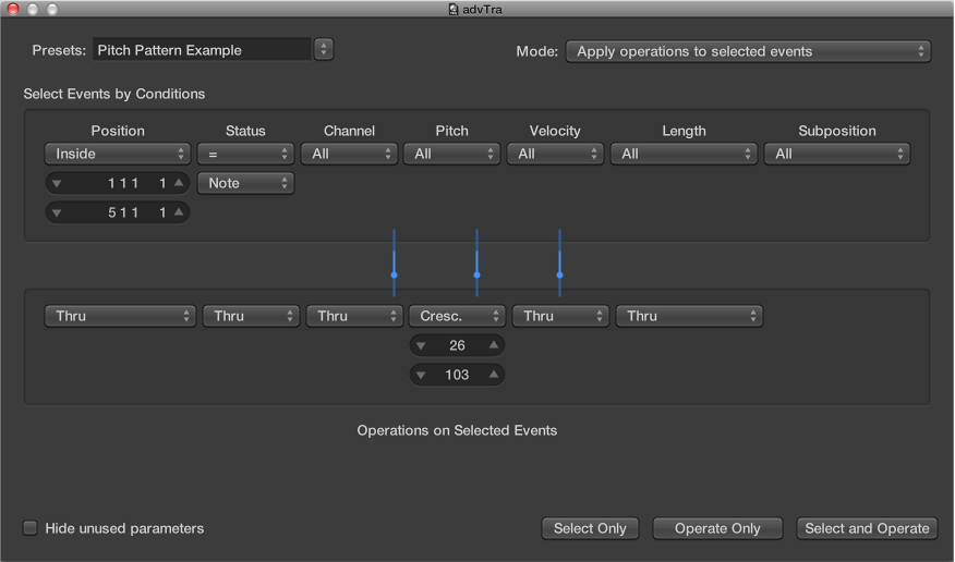 Figure. Transform window showing settings to create an ascending pitch pattern from notes of one pitch.