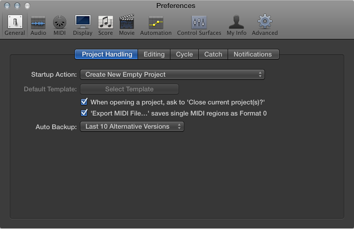 Figure. General Project Handling preferences.