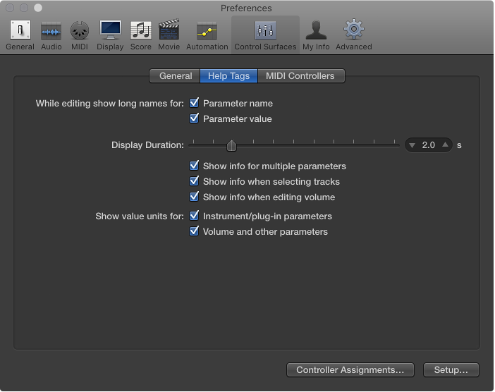 Figure. Control Surfaces Help Tag preferences.