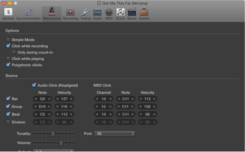 Figure. Metronome settings.