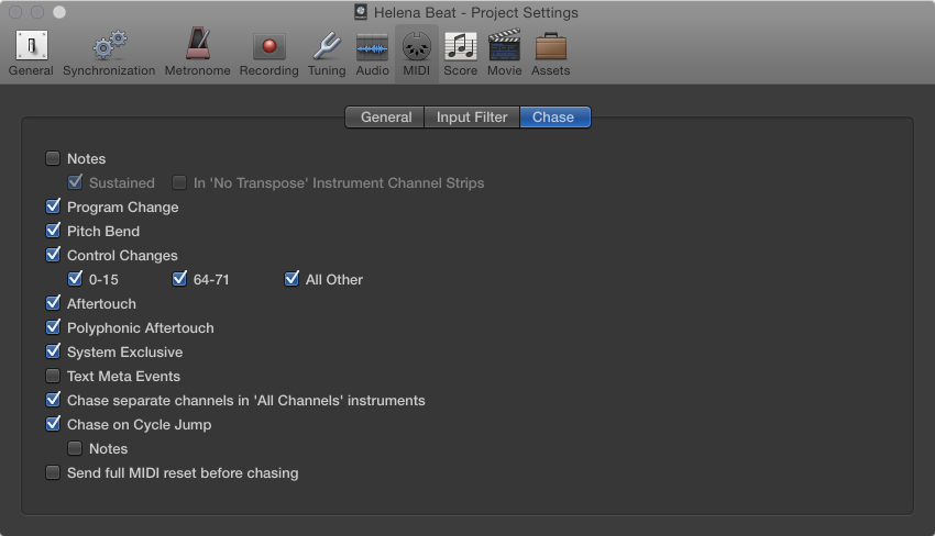 Figure. MIDI Chase settings.