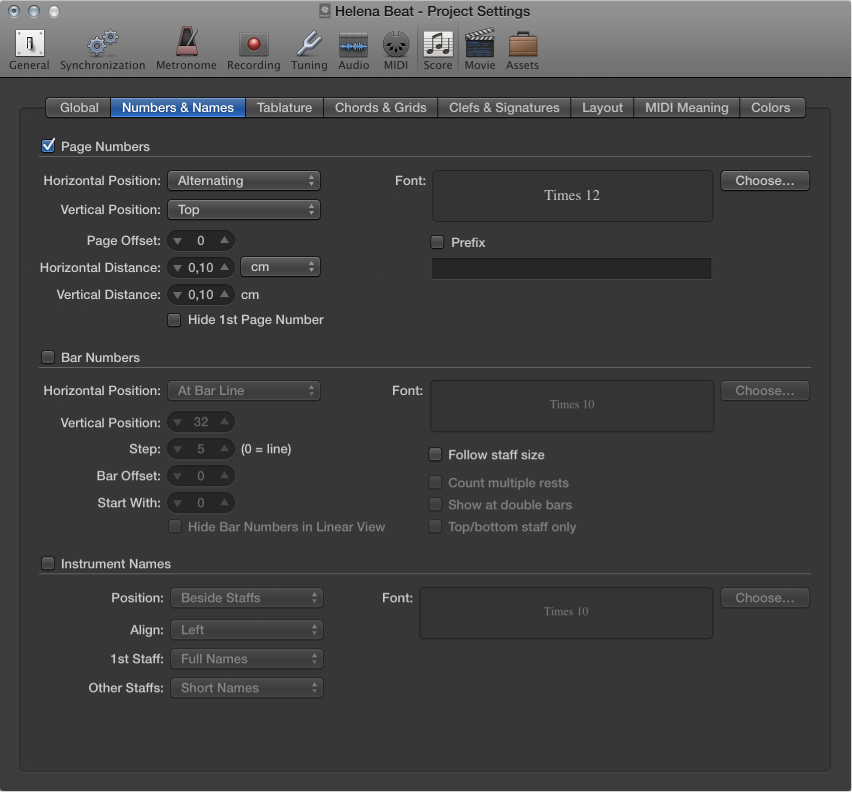 Figure. Score Numbers and Names settings.