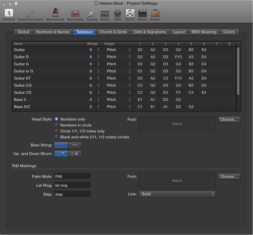 Figure. Score Tablature settings.