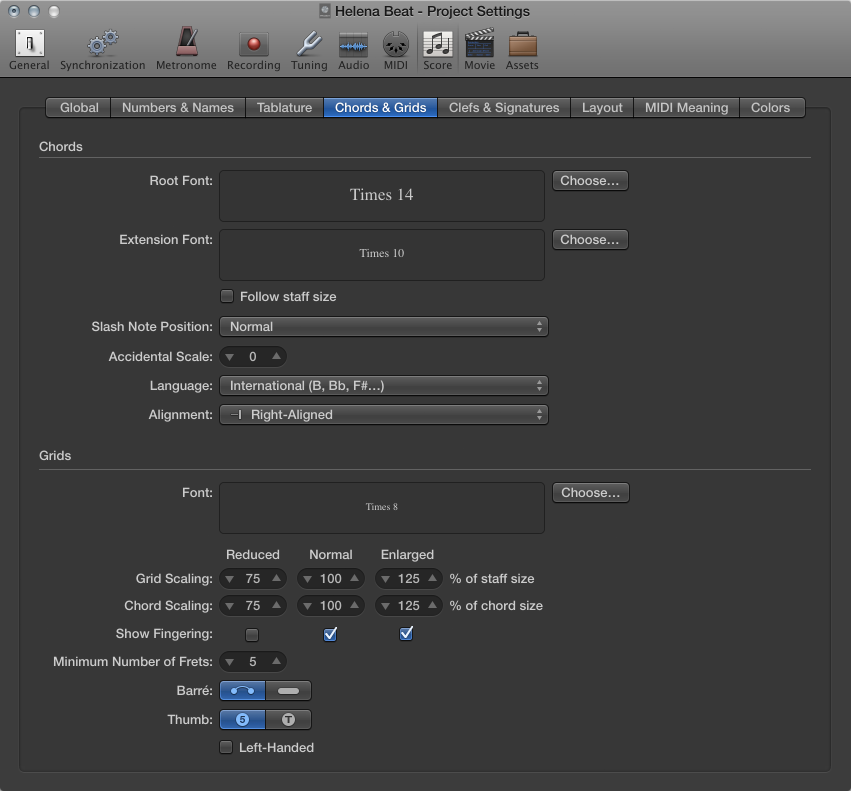 Figure. Chords and Grids settings.