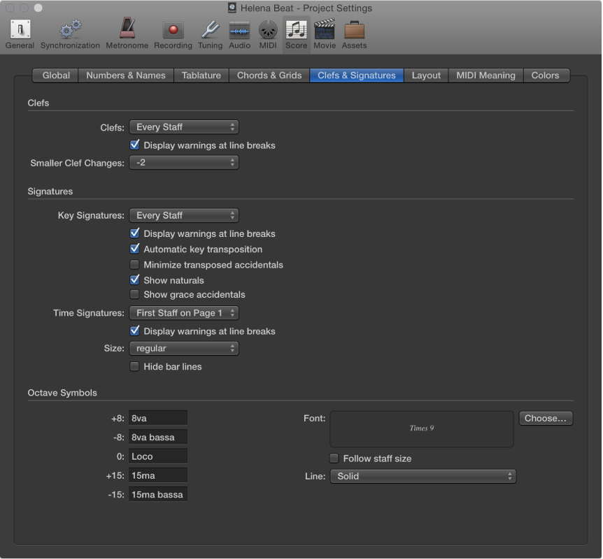 Figure. Clefs and Signatures settings.