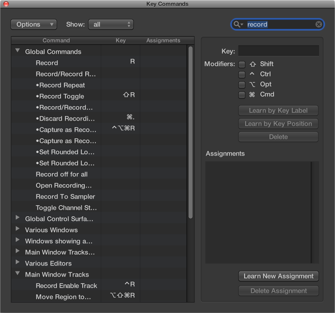 Figure. Searching for a key command.