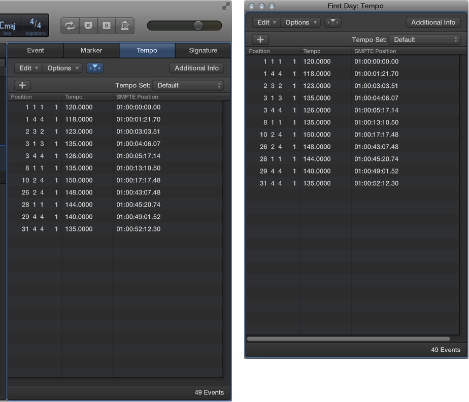 Figure. Tempo List displayed as both pane and window.