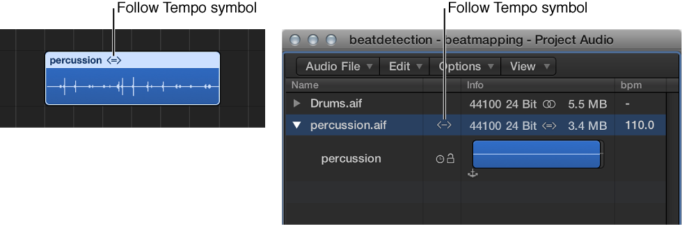 Figure. Follow Tempo symbol on audio region, and in Project Audio Browser.