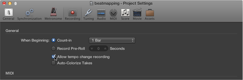 Figure. Recording project settings pane.