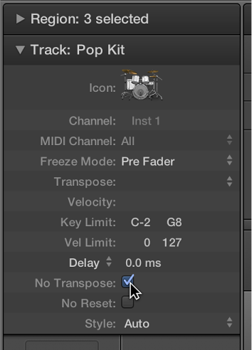 Figure. Track Parameter box with the No Transpose checkbox selected.