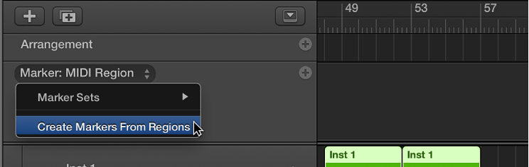 Figure. Marker track showing the Create Markers From Regions menu command.