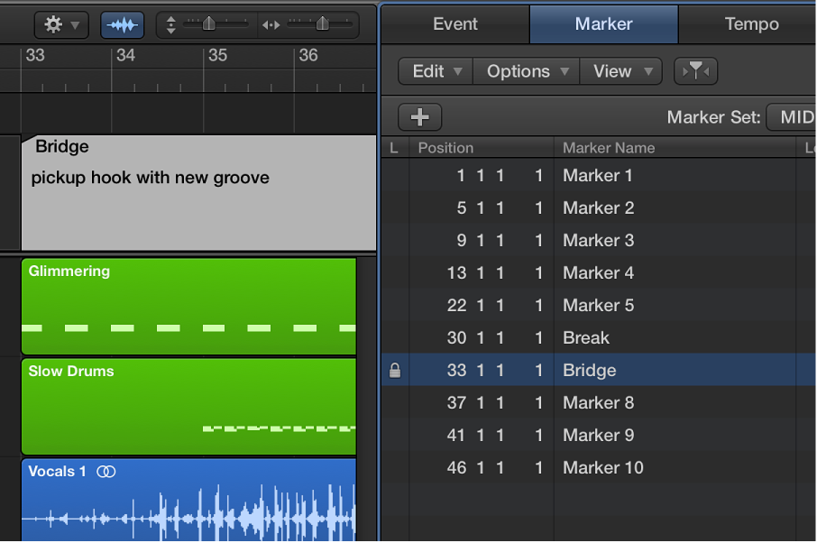 Figure. Marker name showing locked status with lock symbol.