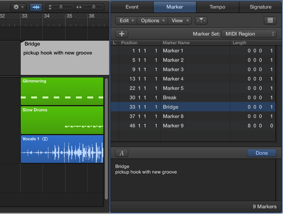 Figure. Marker List showing first line of text in Marker Text area being used as marker name.