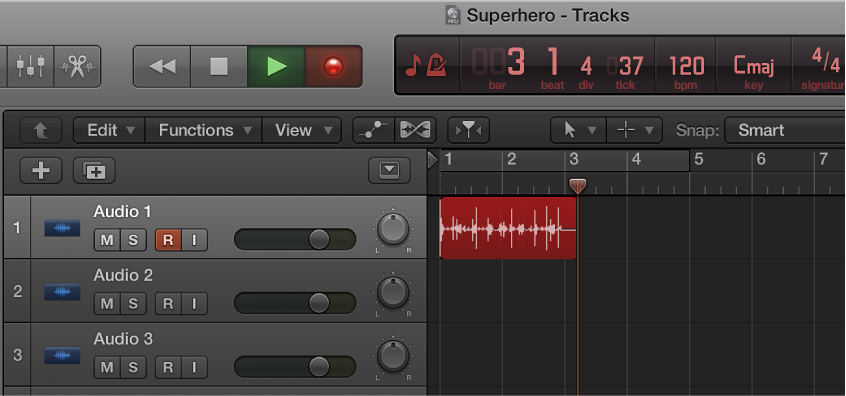 Figure. Showing a recorded audio region in red in the Tracks area.