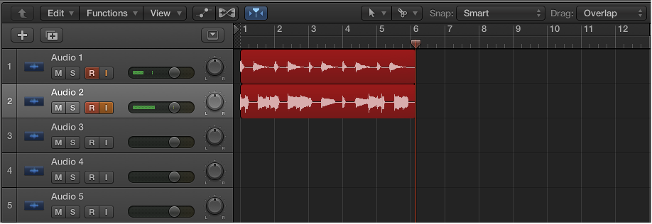 Figure. Showing audio recordings on two audio tracks.