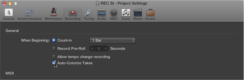 Figure. Selecting Auto-Colorize Takes in the Recording project settings pane.