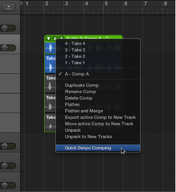 Figure. Selecting Quick Swipe Comping in the pop-up menu.