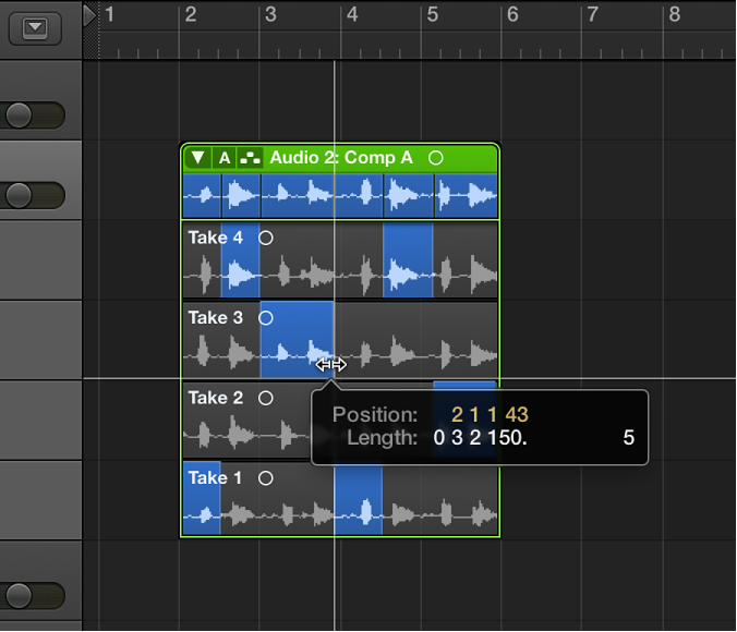 Figure. Dragging the end point of a take selection.