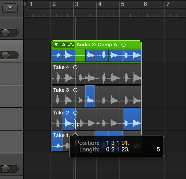 Figure. Shift-dragging the end point of a take selection.