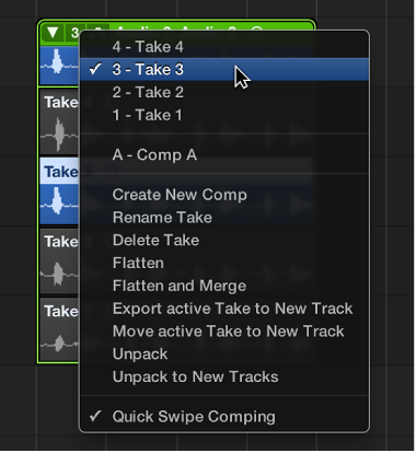 Figure. Choosing a take from the pop-up menu.