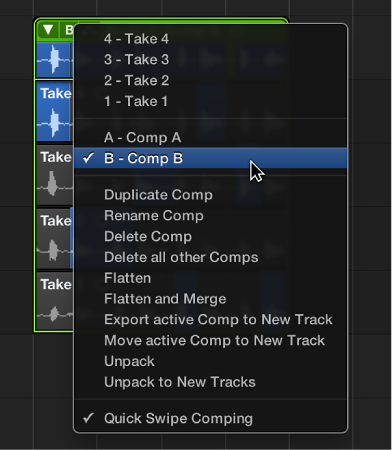 Figure. Choosing a comp from the pop-up menu.