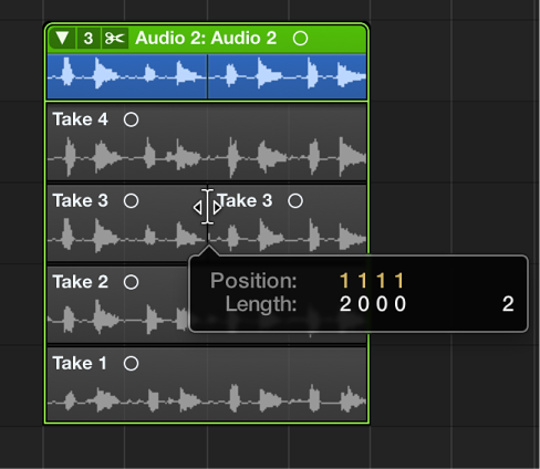 Figure. Dragging between two adjacent take selections.