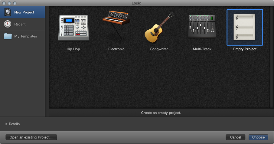 Figure. Project Chooser with Empty Project selected.
