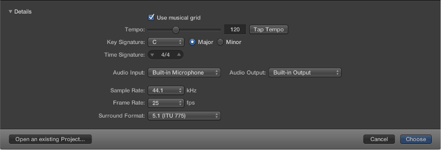Figure. Details in the lower half of the Project Chooser, for setting project properties.