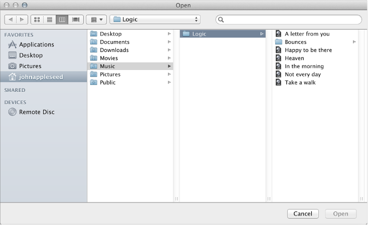 Figure. Open dialog, showing browsing to a project.