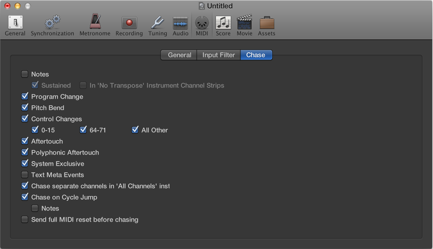 Figure. Chase pane in the MIDI project settings.