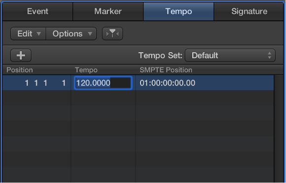 Figure. Tempo tab with tempo selected, ready to enter a new tempo value.