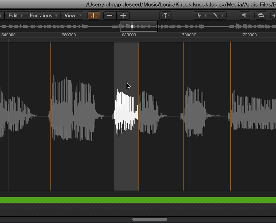 Figure. Sample Editor selection between two transient markers.