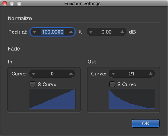 Figure. Function Settings window with edited curve value on Fade Out.