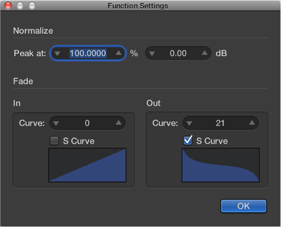 Figure. Function Settings window with s-shaped curve on Fade Out.