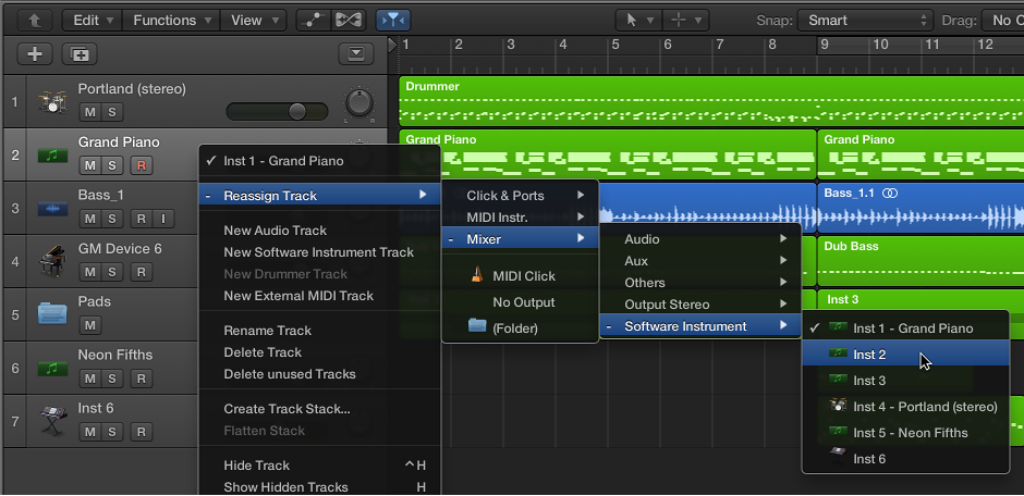 Figure. Reassign Track shortcut menu showing destinations.
