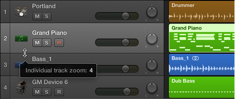 Figure. Zooming a track in the track header.