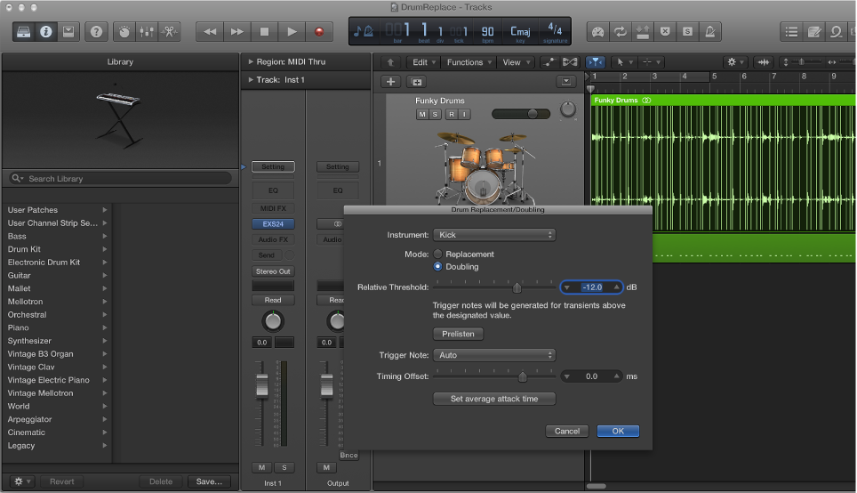 Figure. Tracks area with audio track zoomed, Library open showing drum sounds, and Drum Replacement/Doubling dialog open.