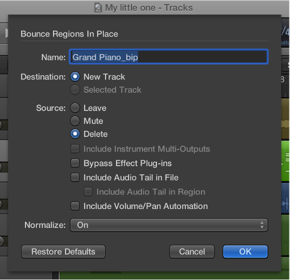 Figure. Bounce Regions in Place dialog.