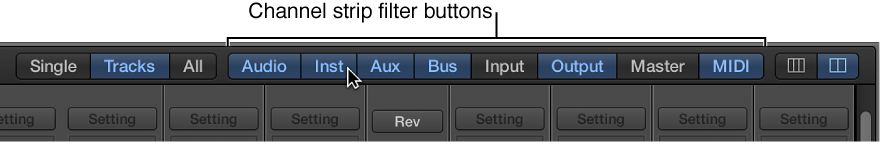 Figure. Channel strip filter buttons in the Mixer.