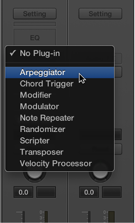 Figure. Choosing a MIDI effect from the pop-up menu.