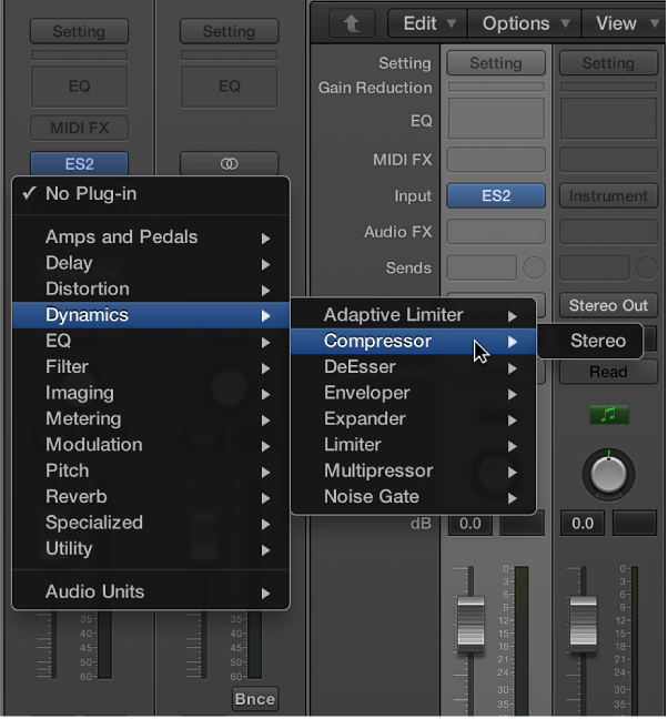 Figure. Choosing an audio effect from the pop-up menu.