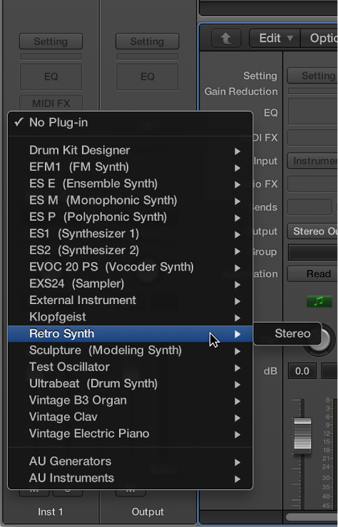 Figure. Choosing an instrument from the pop-up menu.