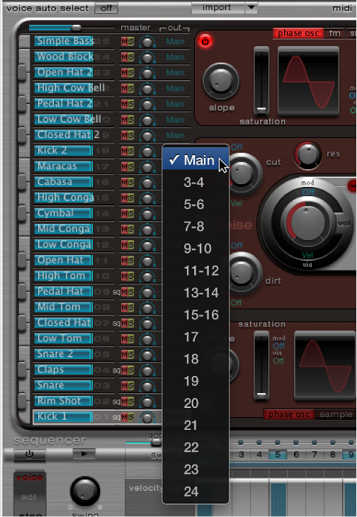 Figure. Ultrabeat plug-in window showing instrument out pop-up menu.