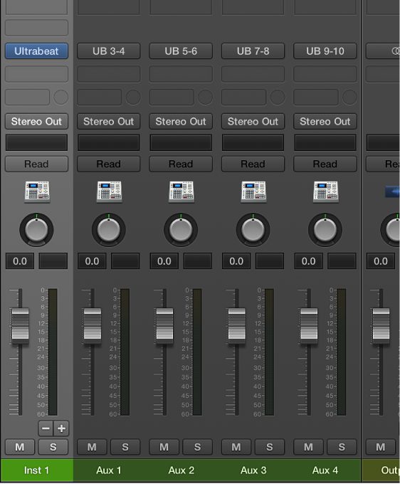 Figure. Aux channel strips assigned to the Ultrabeat Multi Output instrument.