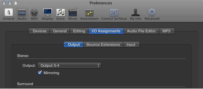 Figure. Output pane in the I/O Assignments pane in the Audio preferences.