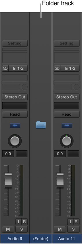 Figure. Folder track channel strip in the Mixer area.