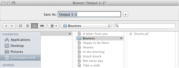 Figure. File name and folder settings in the Bounce window.