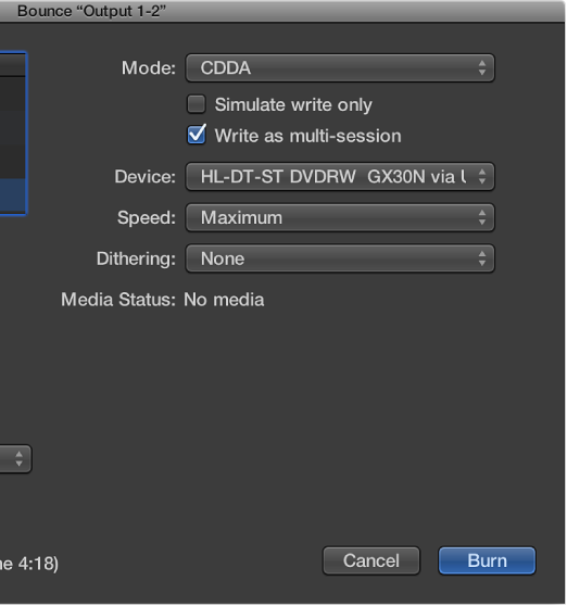 Figure. Burn options in the Bounce window.
