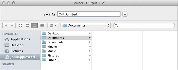 Figure. File name and folder settings in the Bounce window.